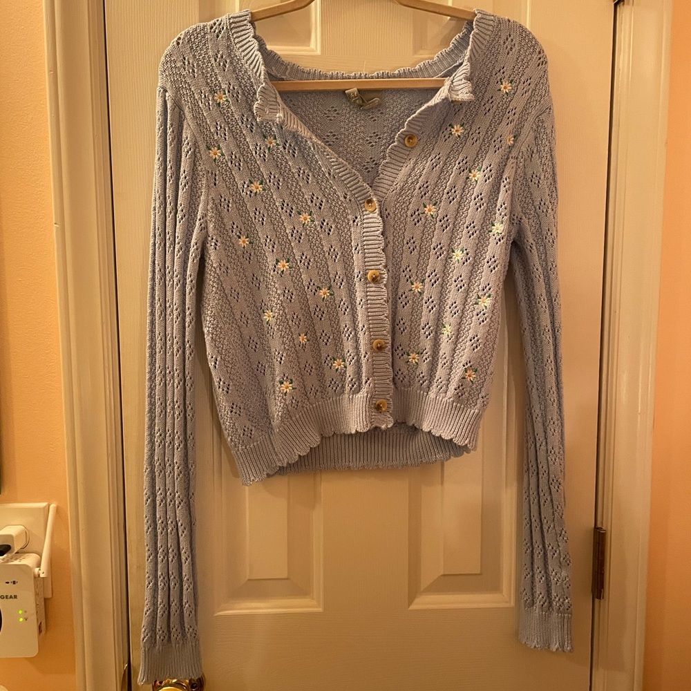 Blue cardigan with white flowers